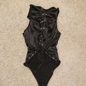 Black tie up silk and mezh body suit